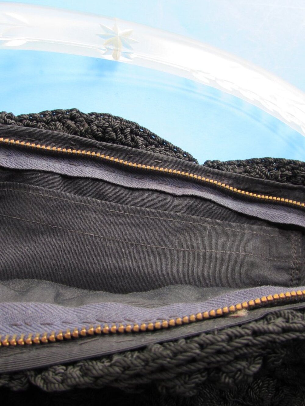 1940 Era Black Crochet Purse Clear Acrylic Handle - Picture 8 of 9